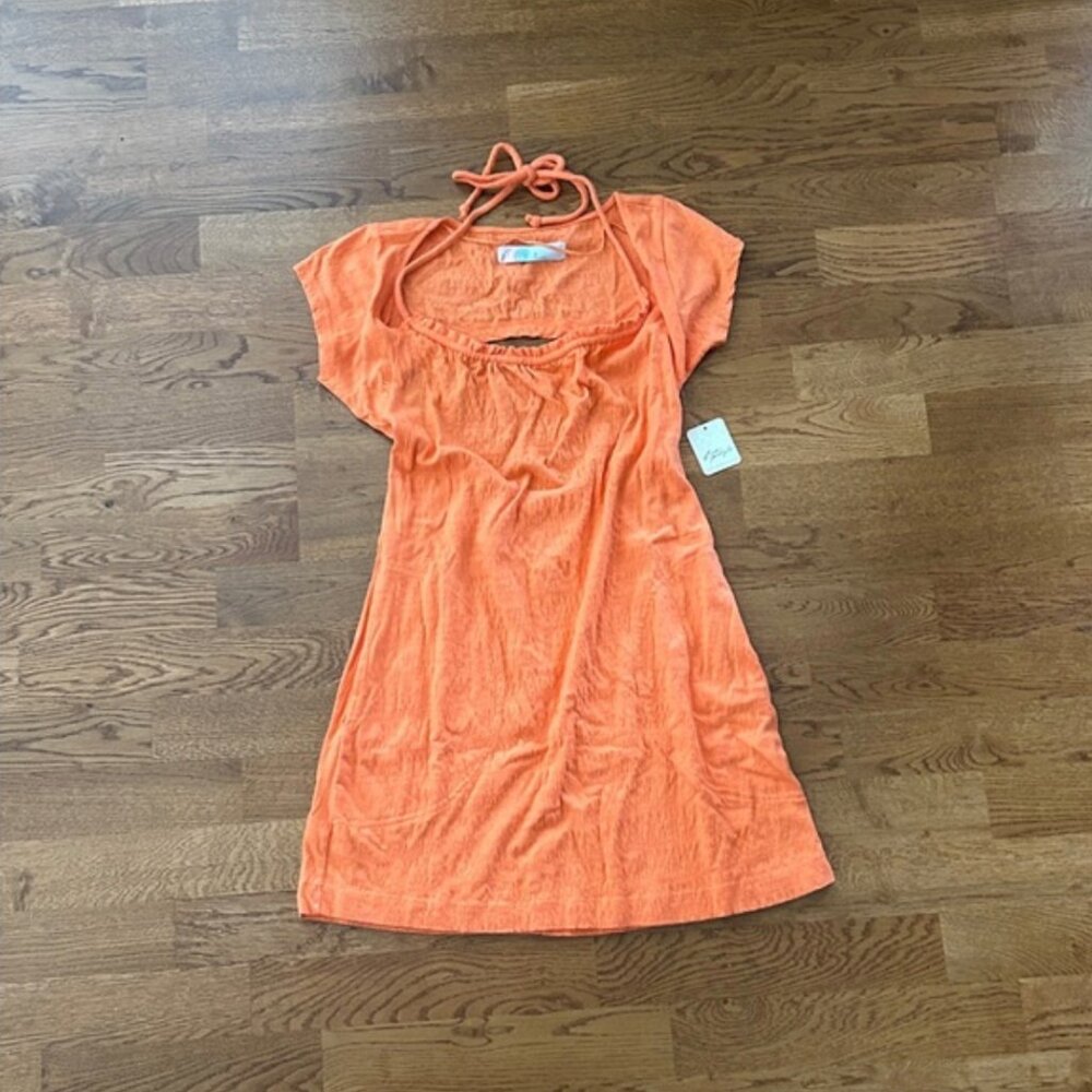 NWT free people vivi mini dress orange tie pockets cover up beach t shirt open